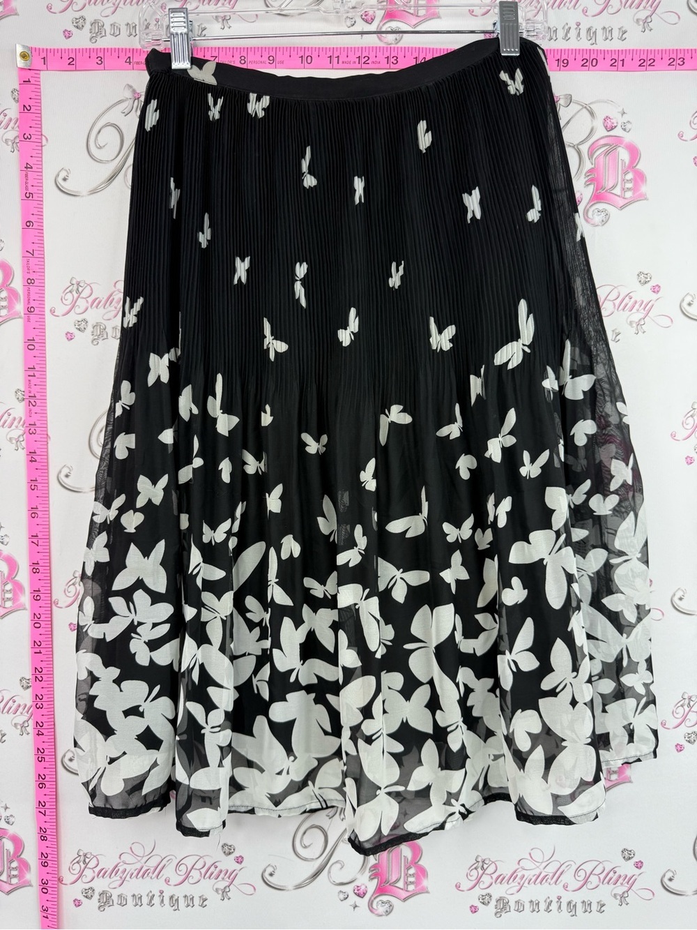 Daniel Rainn skirt butterflies Black Midi Skirt with White Butterfly Pattern